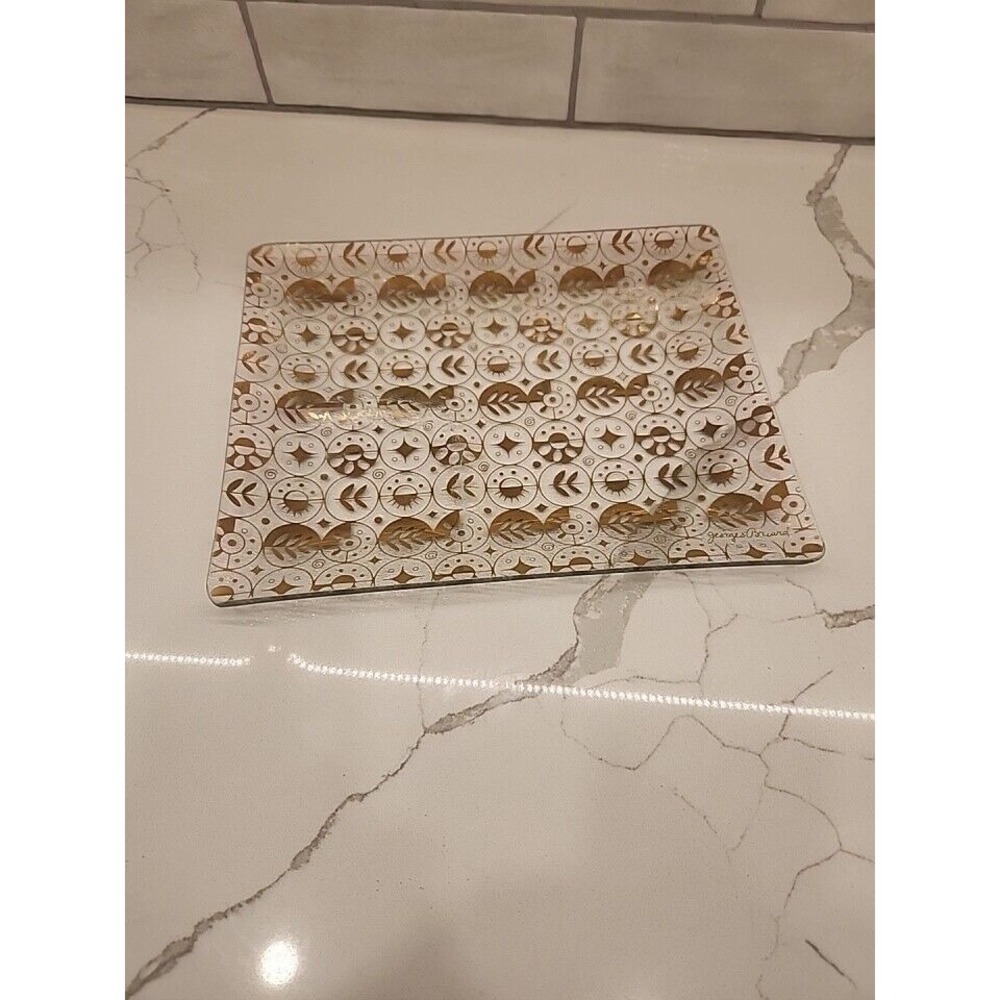 Vintage Georges Briard Gold Persian‎ Garden Glass Tray Signed 10.5 X 8.5
